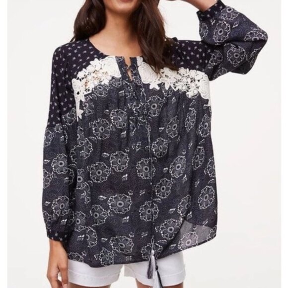 Ann Taylor Loft Dark Floral Print Lace Tassel Peasant Boho Long Sleeve Blouse - Picture 1 of 11